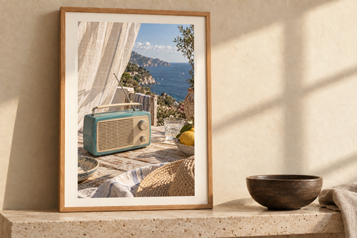 Coastal FM artwork shown in a styled frame setting. Physical art print; frame and accessories not included.