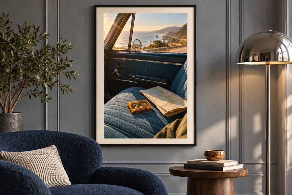 Tape on the Road artwork shown in a styled frame setting. Physical art print; frame and accessories not included.