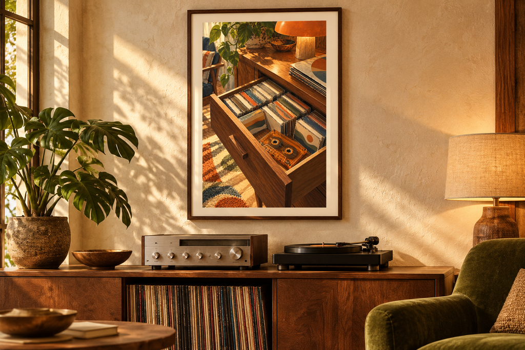The Tape Drawer artwork shown in a styled frame setting. Physical art print; frame and accessories not included.