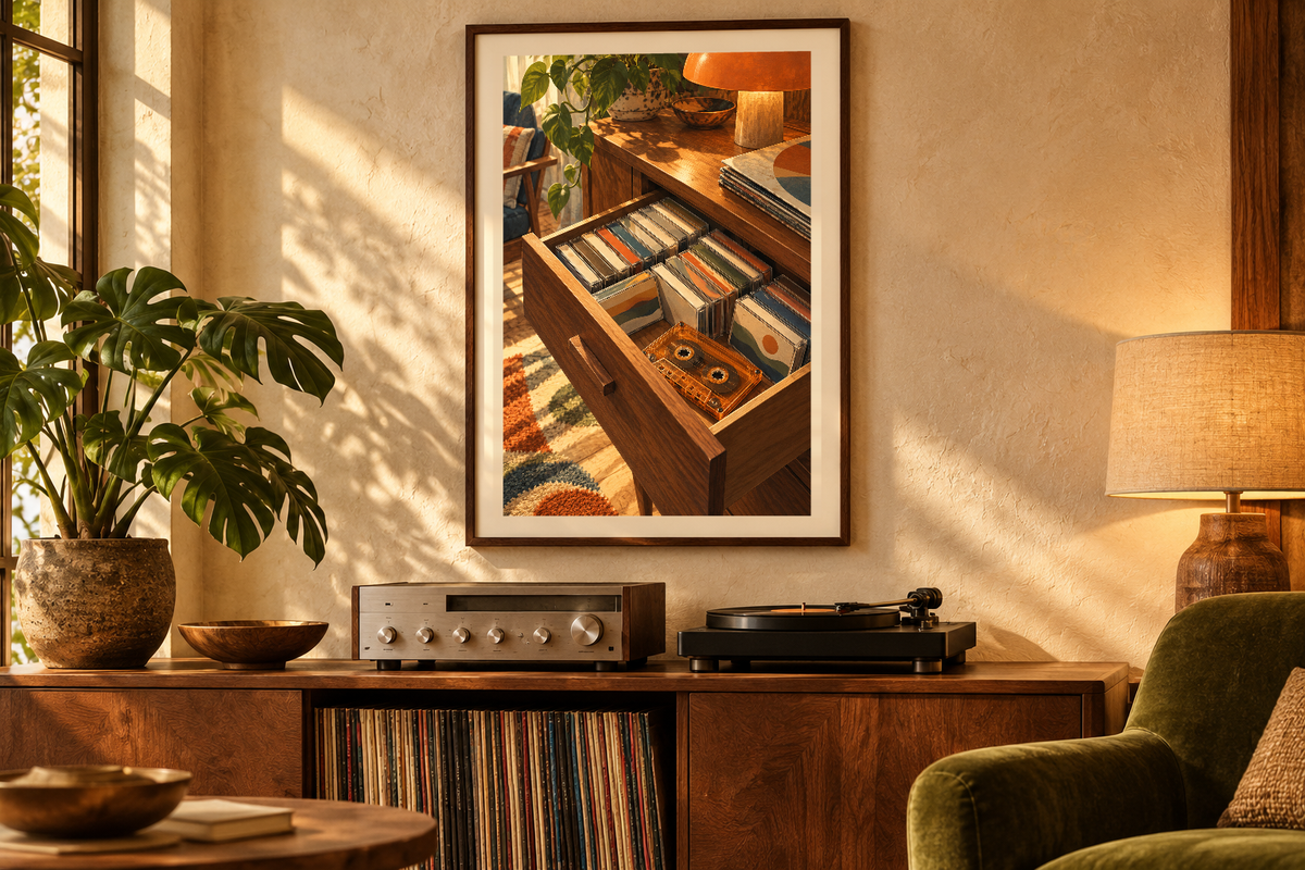 The Tape Drawer artwork shown in a styled frame setting. Physical art print; frame and accessories not included.