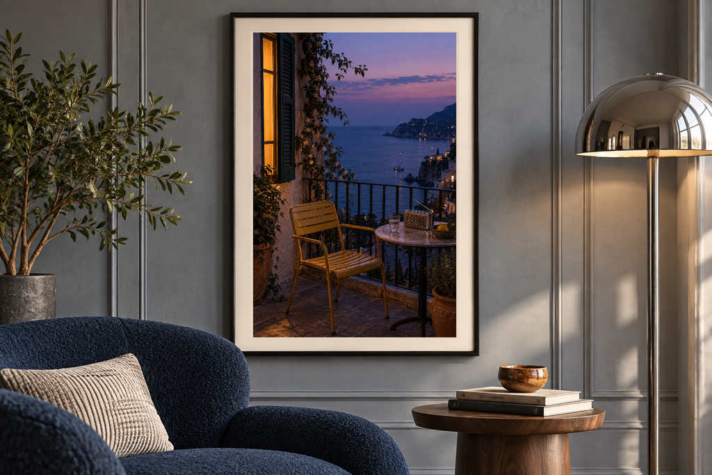 Blue Hour Balcony artwork shown in a styled frame setting. Physical art print; frame and accessories not included.