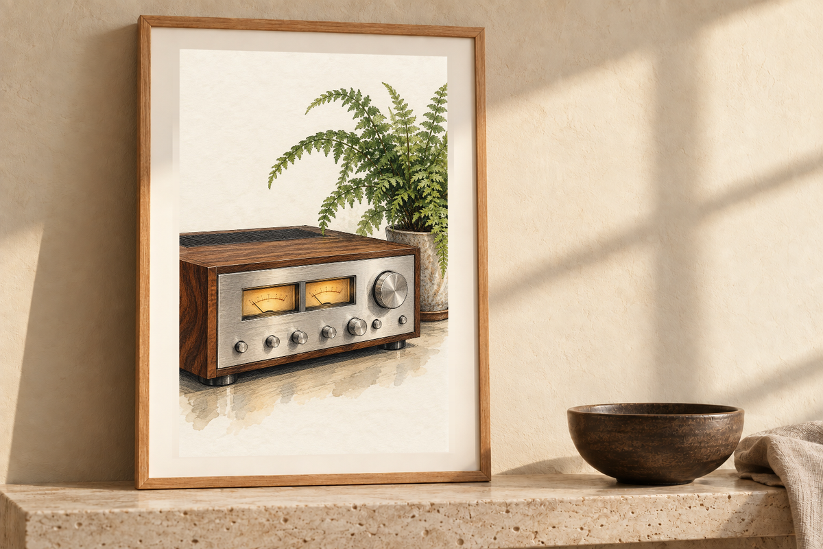 Silver and Walnut artwork shown in a styled frame setting. Physical art print; frame and accessories not included.