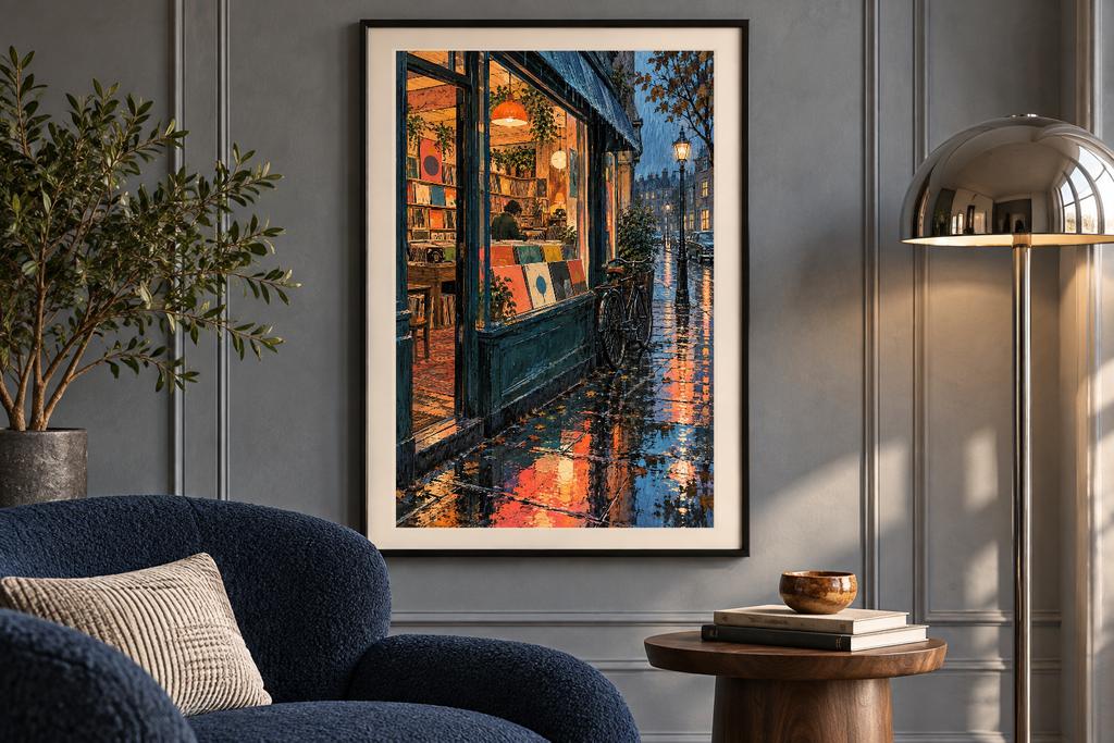 Record Shop Rain artwork shown in a styled frame setting. Physical art print; frame and accessories not included.