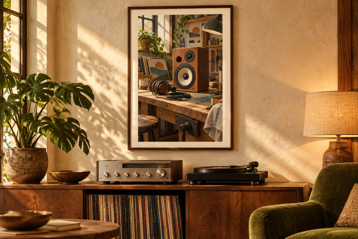 The Listening Bench artwork shown in a styled frame setting. Physical art print; frame and accessories not included.