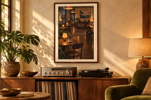 After the Last Customer artwork shown in a styled frame setting. Physical art print; frame and accessories not included.