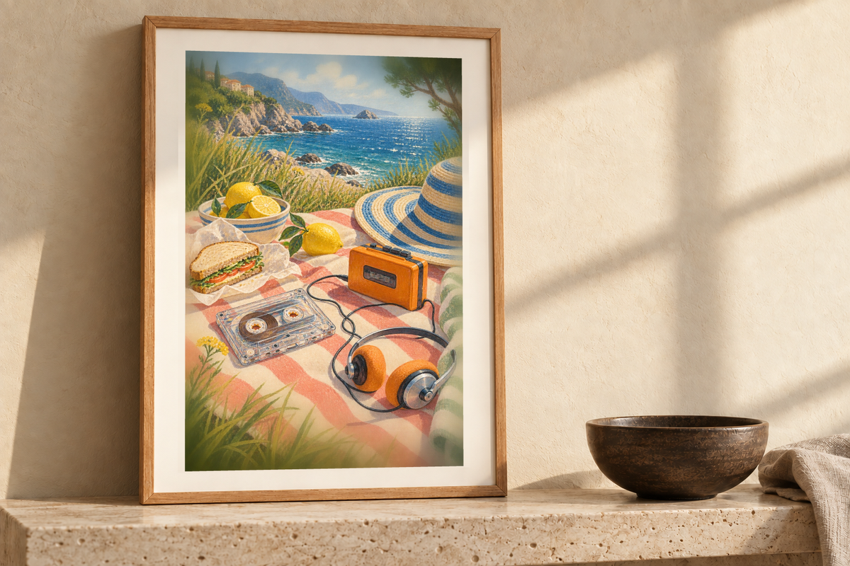 Cassette Picnic artwork shown in a styled frame setting. Physical art print; frame and accessories not included.