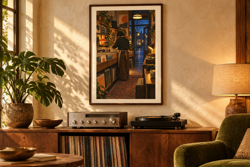 Closing Time Vinyl artwork shown in a styled frame setting. Physical art print; frame and accessories not included.