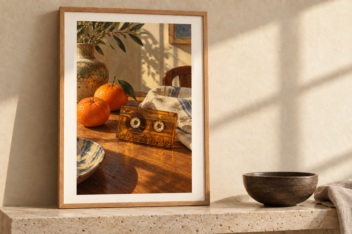 Cassette and Clementines artwork shown in a styled frame setting. Physical art print; frame and accessories not included.