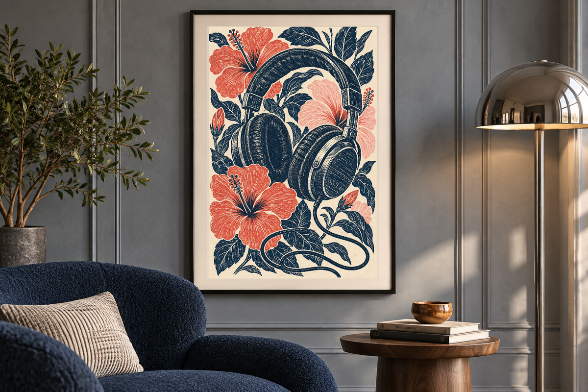 Headphones and Hibiscus artwork shown in a styled frame setting. Physical art print; frame and accessories not included.