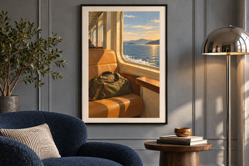 Sunday Ferry Window artwork shown in a styled frame setting. Physical art print; frame and accessories not included.