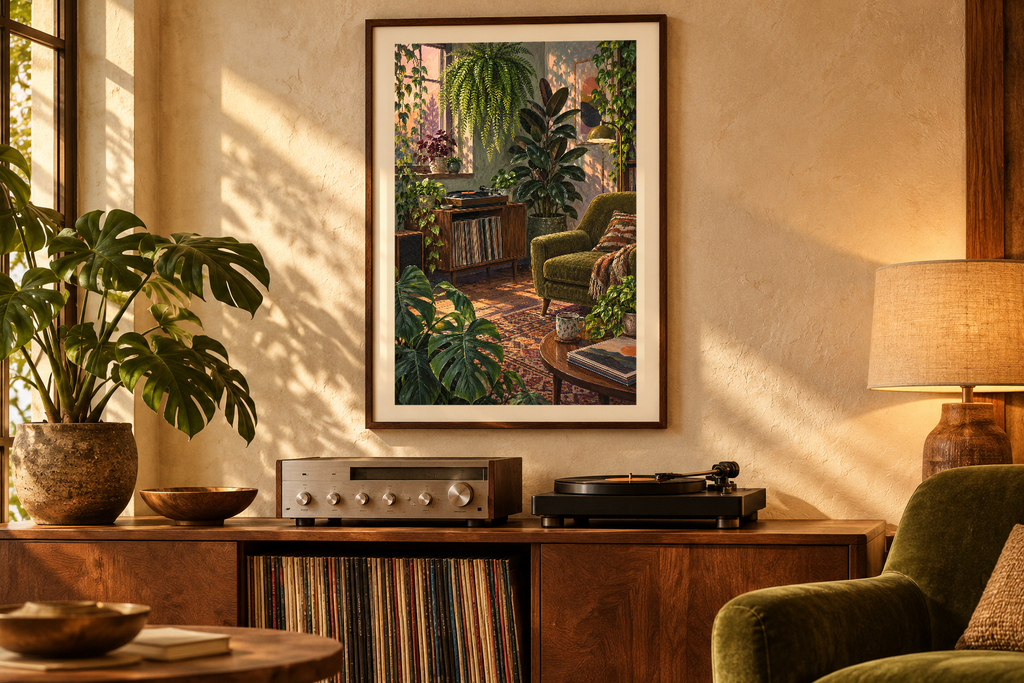 Jazz Under Leaves artwork shown in a styled frame setting. Physical art print; frame and accessories not included.