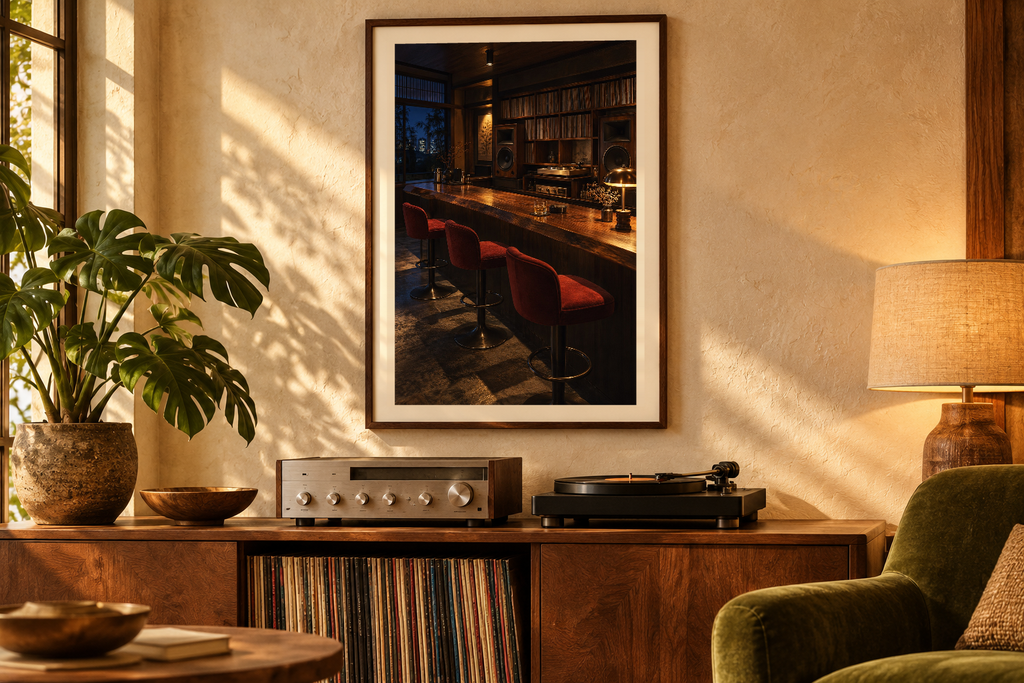 After Hours artwork shown in a styled frame setting. Physical art print; frame and accessories not included.