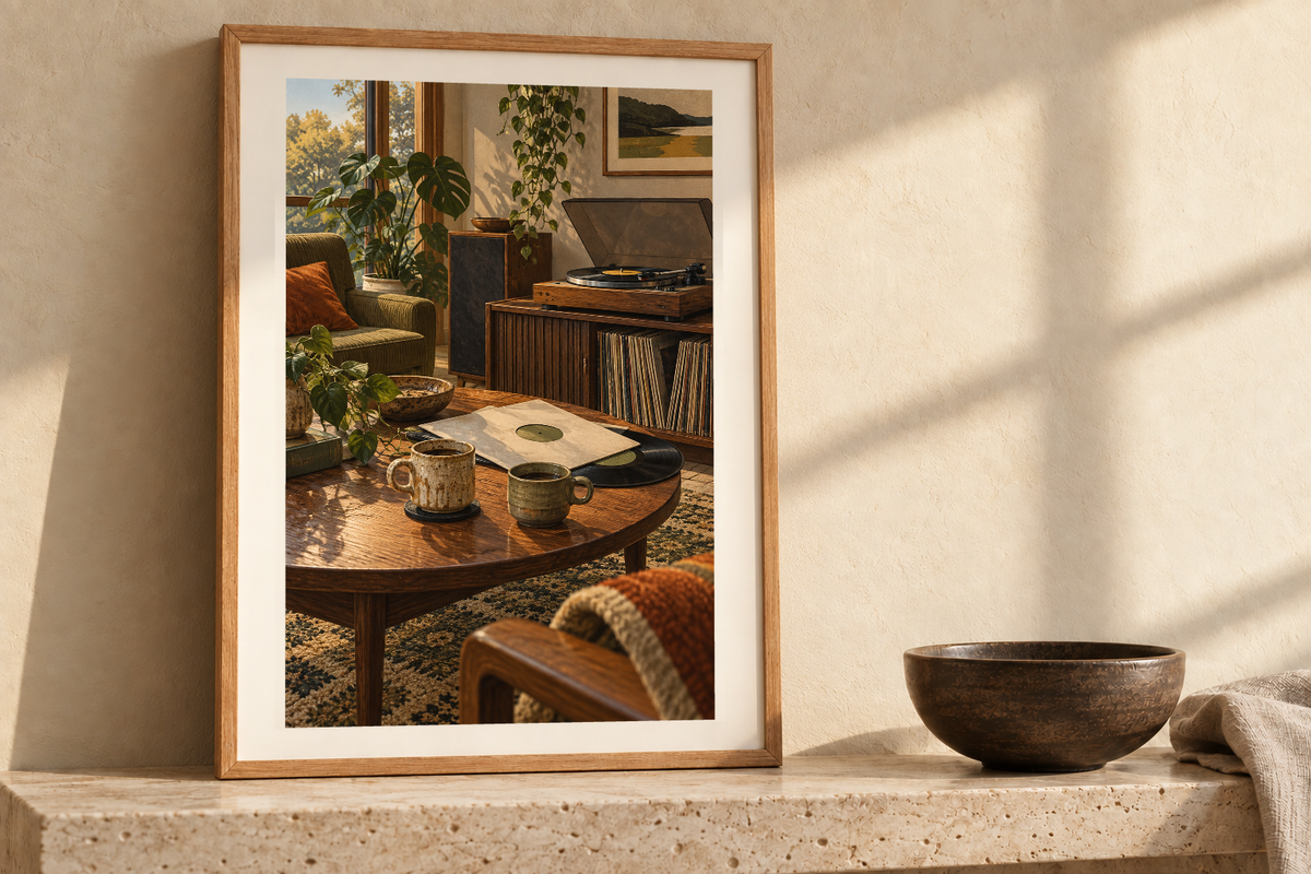 Two Cups One Record artwork shown in a styled frame setting. Physical art print; frame and accessories not included.