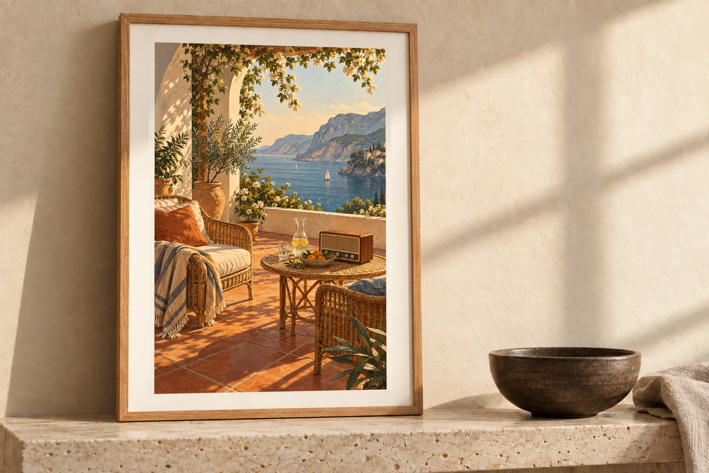 Terrace at Golden Hour artwork shown in a styled frame setting. Physical art print; frame and accessories not included.