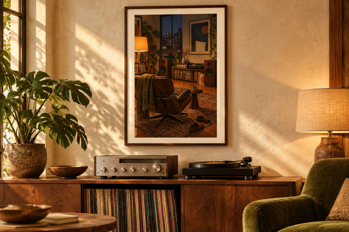 Late Shift at Home artwork shown in a styled frame setting. Physical art print; frame and accessories not included.