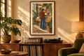 The Record Collector artwork shown in a styled frame setting. Physical art print; frame and accessories not included.