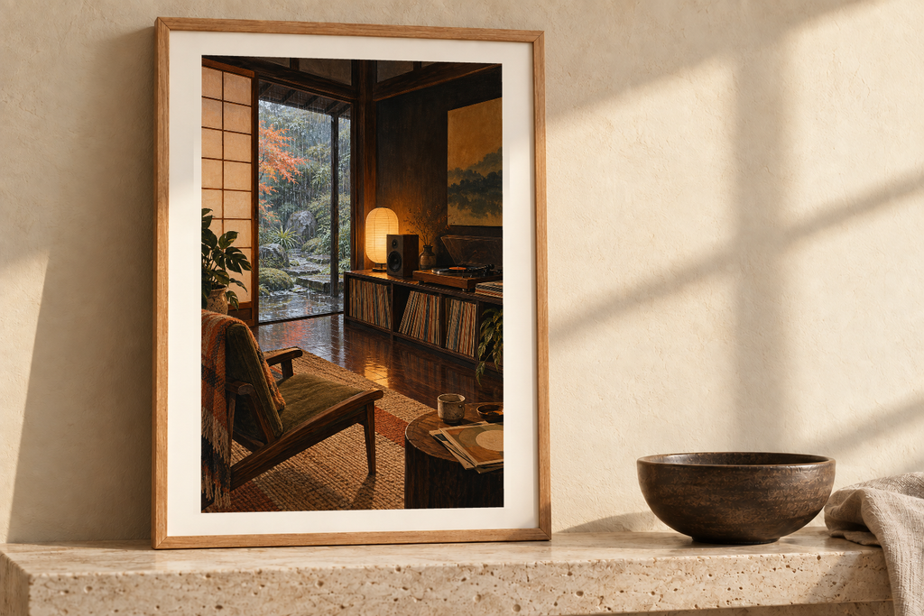 Rain Beyond the Paper Screen artwork shown in a styled frame setting. Physical art print; frame and accessories not included.