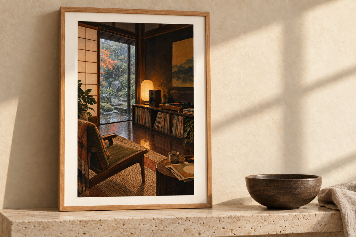 Rain Beyond the Paper Screen artwork shown in a styled frame setting. Physical art print; frame and accessories not included.