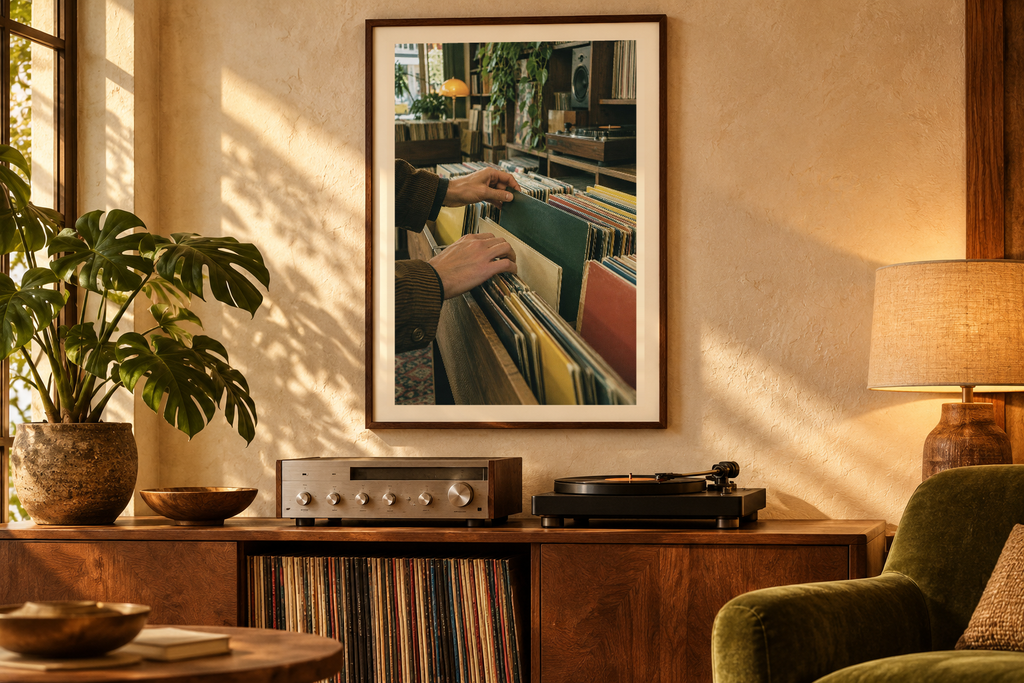 Crate Digger artwork shown in a styled frame setting. Physical art print; frame and accessories not included.