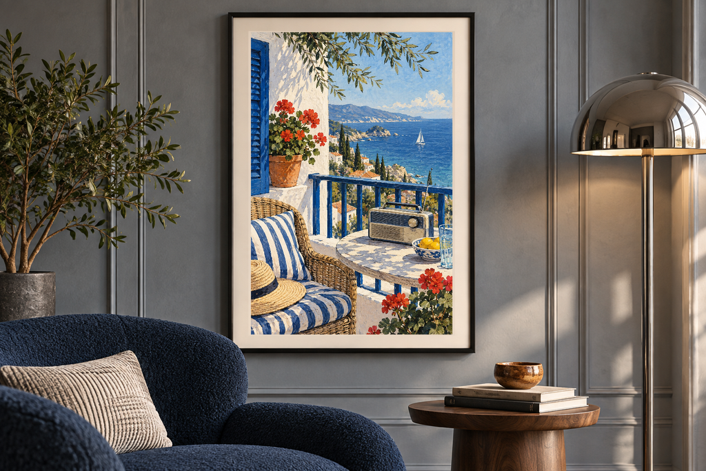 Salt Air Sound artwork shown in a styled frame setting. Physical art print; frame and accessories not included.