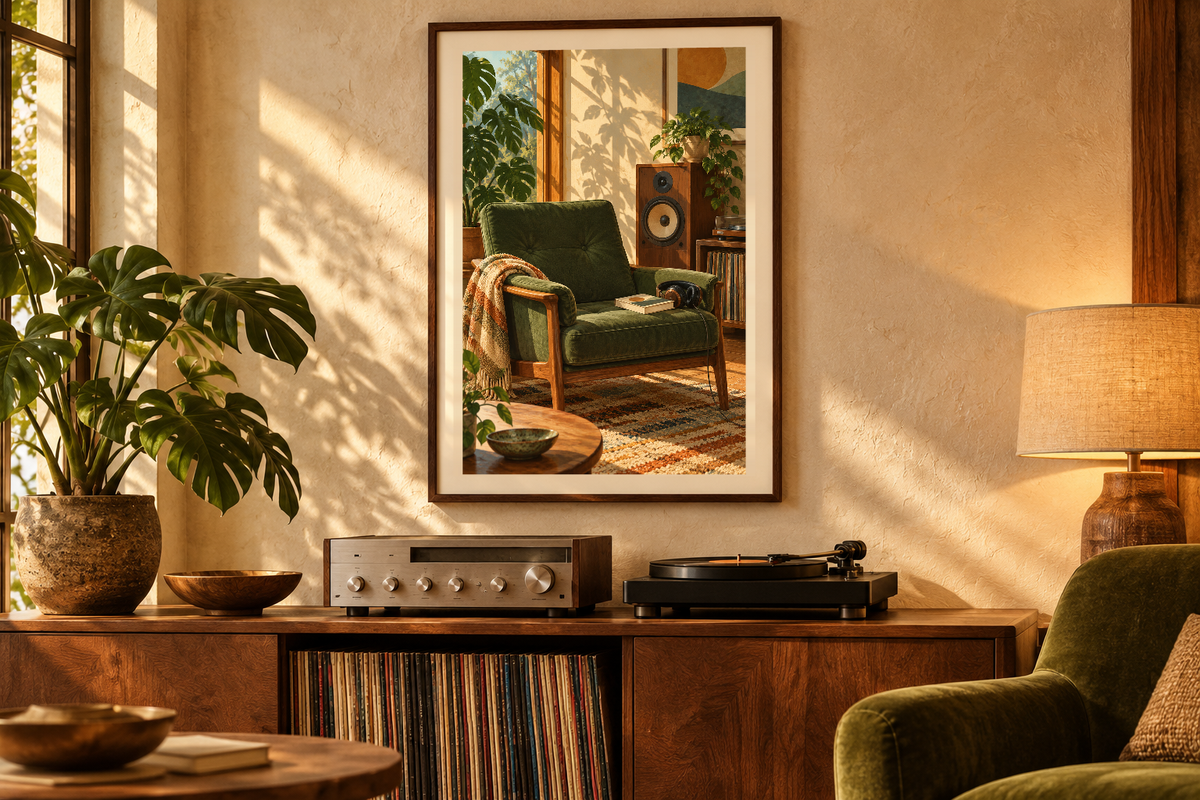 The Green Reading Chair artwork shown in a styled frame setting. Physical art print; frame and accessories not included.