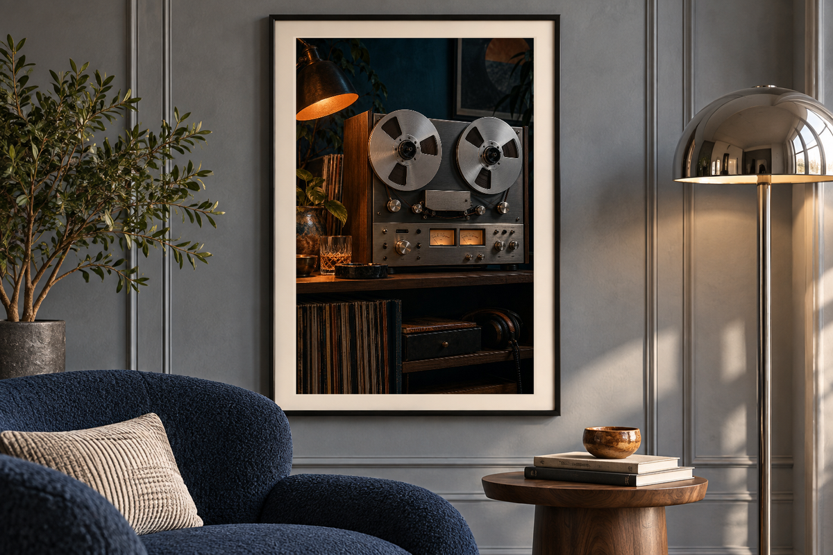 Midnight Reels artwork shown in a styled frame setting. Physical art print; frame and accessories not included.