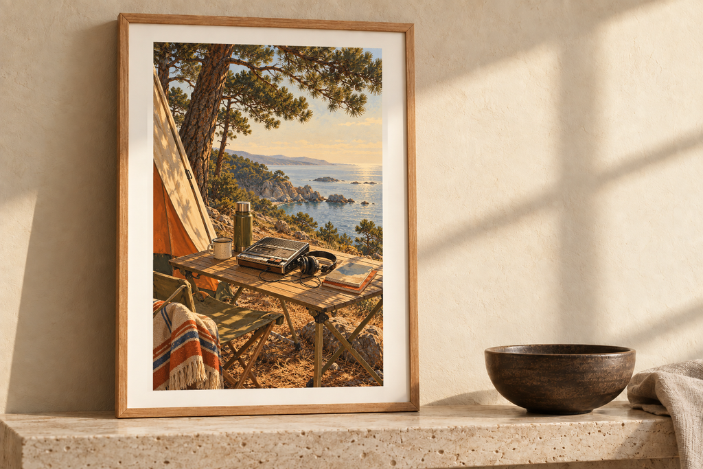 Cassette at the Campsite artwork shown in a styled frame setting. Physical art print; frame and accessories not included.