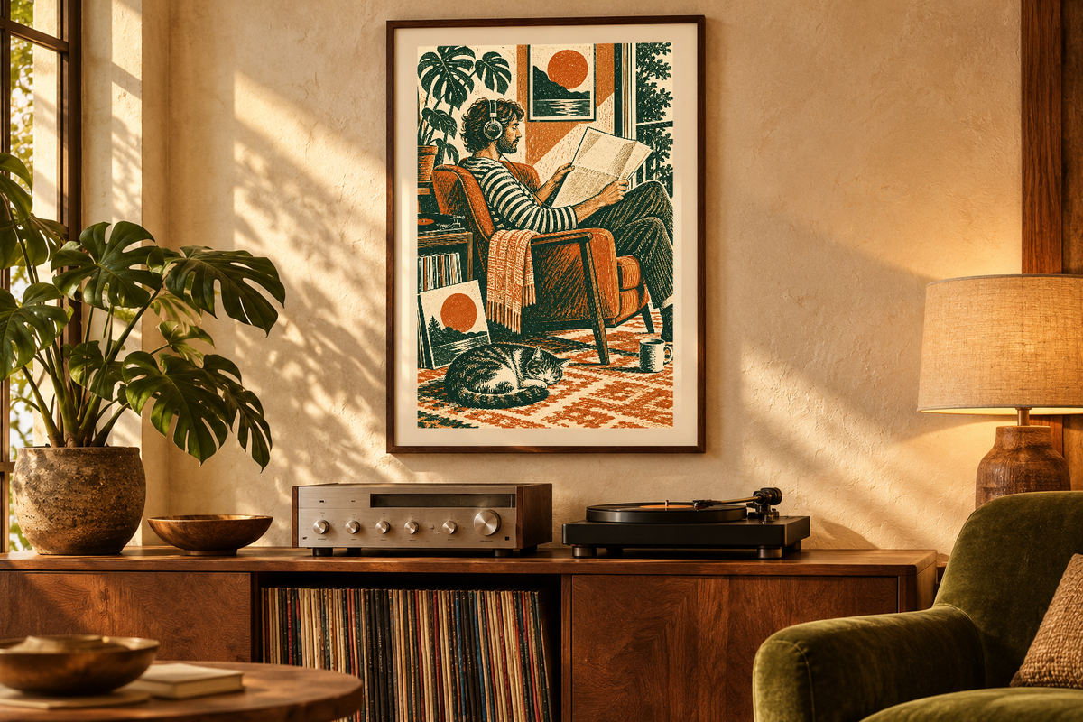 Sunday Paper artwork shown in a styled frame setting. Physical art print; frame and accessories not included.