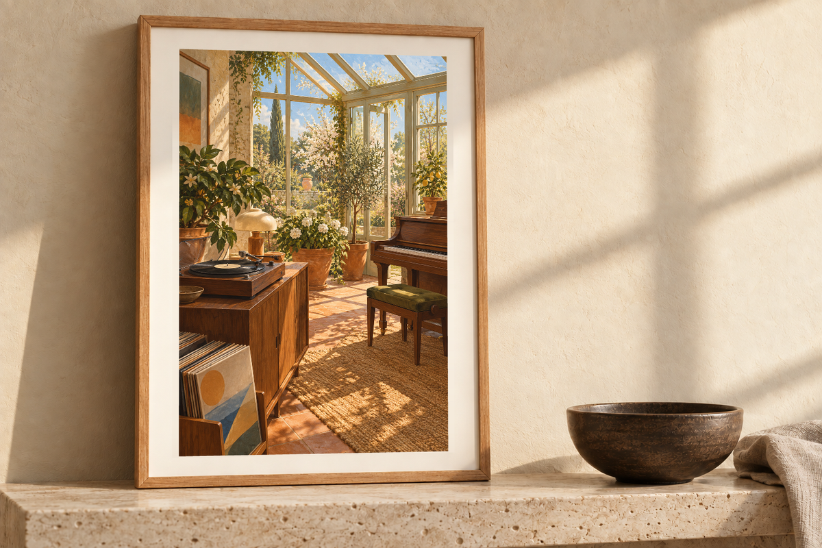 The Conservatory Record artwork shown in a styled frame setting. Physical art print; frame and accessories not included.