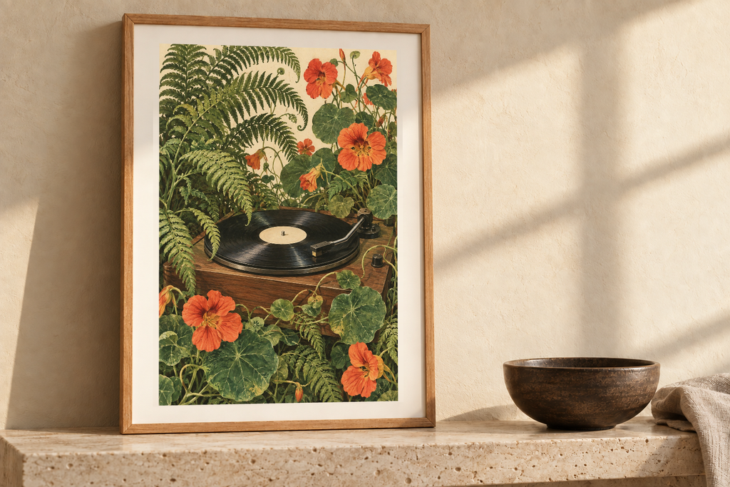 Needle Garden artwork shown in a styled frame setting. Physical art print; frame and accessories not included.