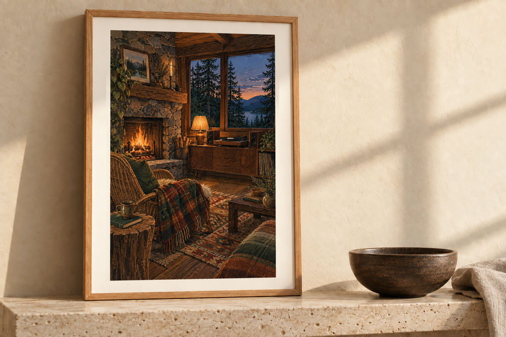 Dusk at the Cabin artwork shown in a styled frame setting. Physical art print; frame and accessories not included.