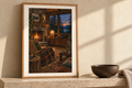 Dusk at the Cabin artwork shown in a styled frame setting. Physical art print; frame and accessories not included.