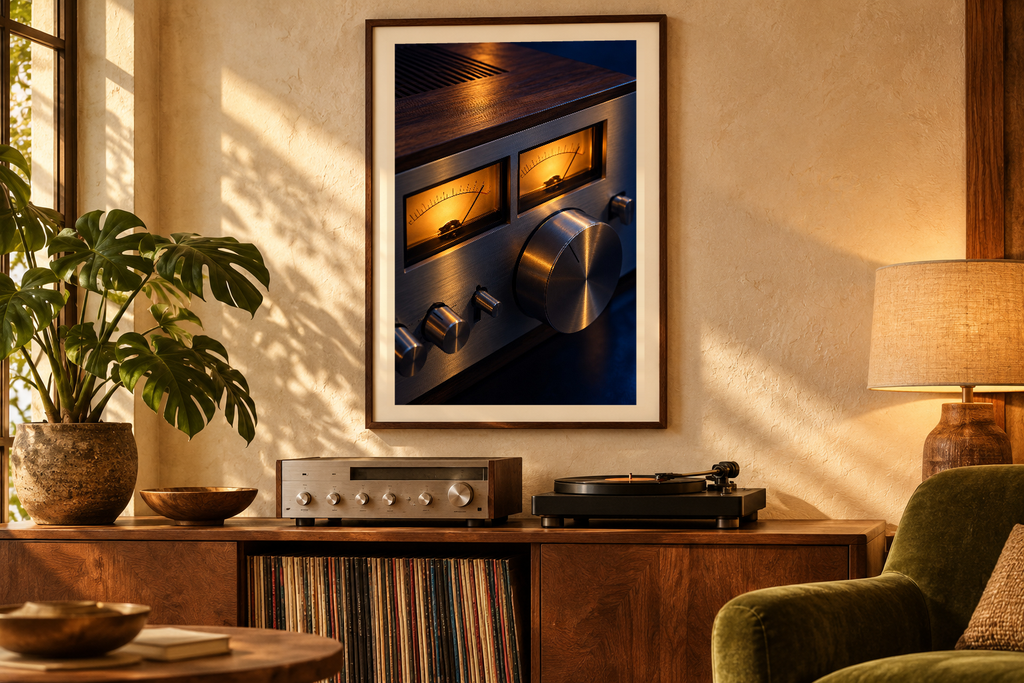 Amber Meters artwork shown in a styled frame setting. Physical art print; frame and accessories not included.