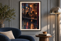 Night Window artwork shown in a styled frame setting. Physical art print; frame and accessories not included.
