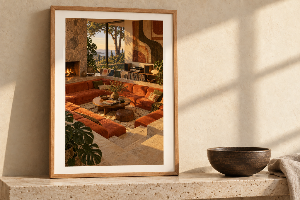 The Sunken Lounge artwork shown in a styled frame setting. Physical art print; frame and accessories not included.