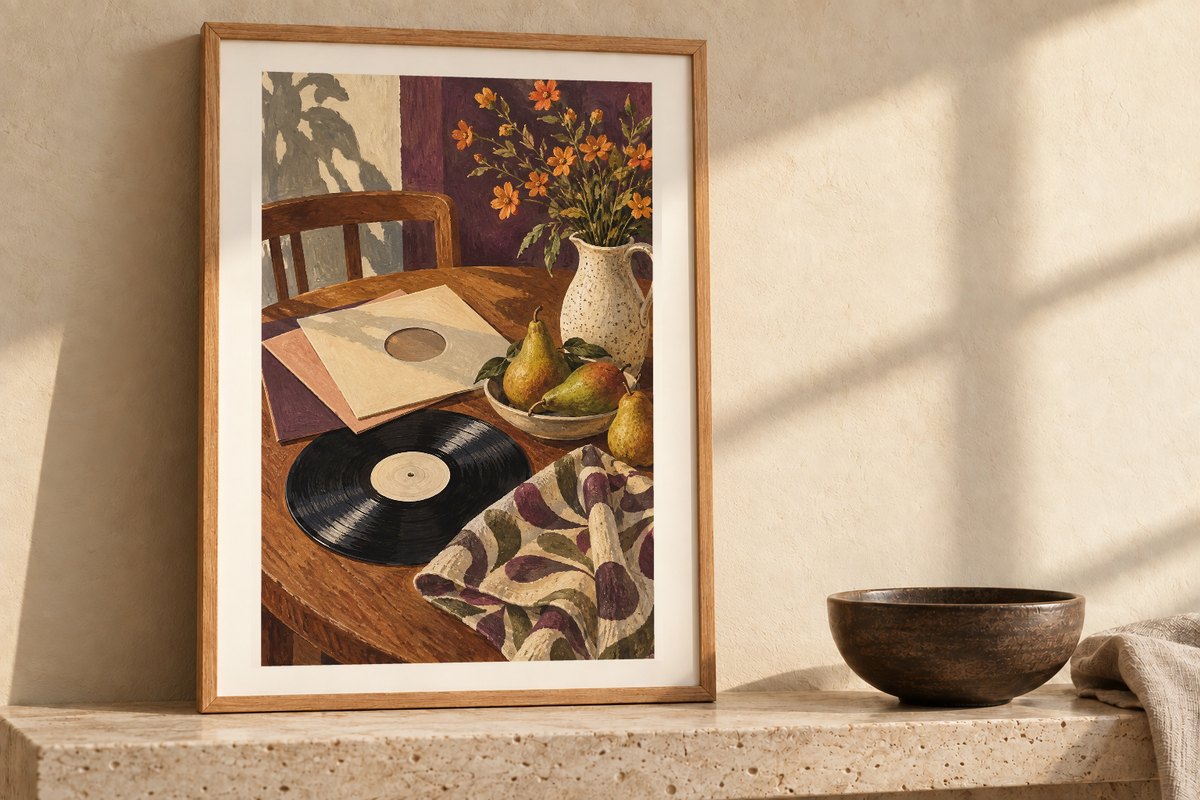 Long Player Harvest artwork shown in a styled frame setting. Physical art print; frame and accessories not included.
