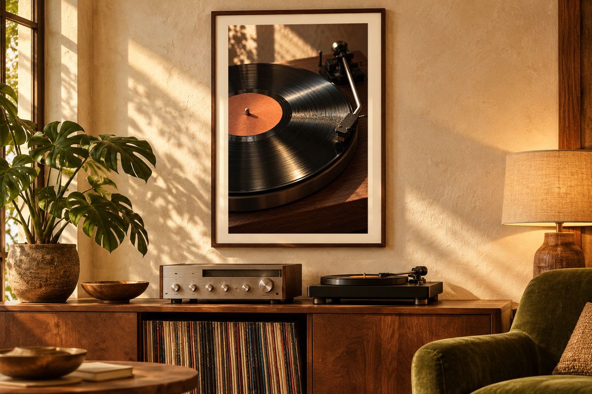 Sunlit Record artwork shown in a styled frame setting. Physical art print; frame and accessories not included.