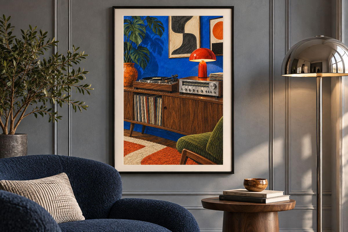 Electric Blue Cabinet artwork shown in a styled frame setting. Physical art print; frame and accessories not included.