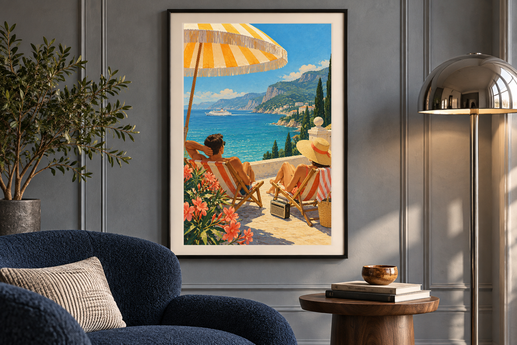 Black Sea Sunday artwork shown in a styled frame setting. Physical art print; frame and accessories not included.