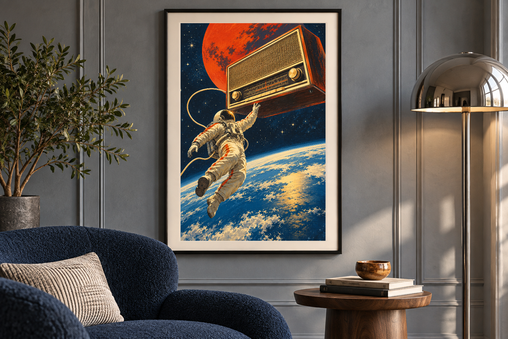 Orbital Radio artwork shown in a styled frame setting. Physical art print; frame and accessories not included.