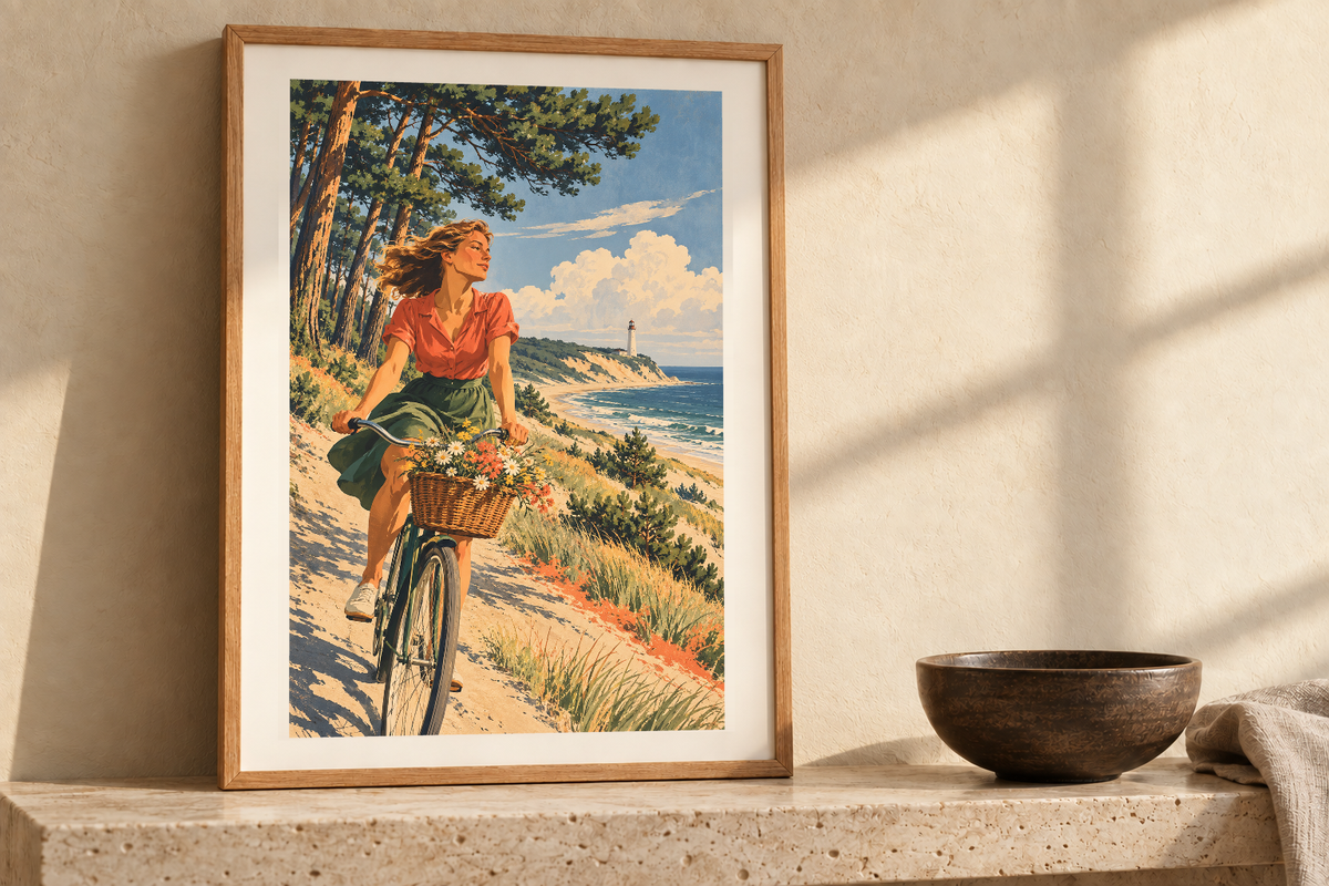 Baltic Bicycle artwork shown in a styled frame setting. Physical art print; frame and accessories not included.