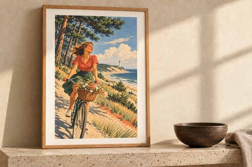Baltic Bicycle artwork shown in a styled frame setting. Physical art print; frame and accessories not included.