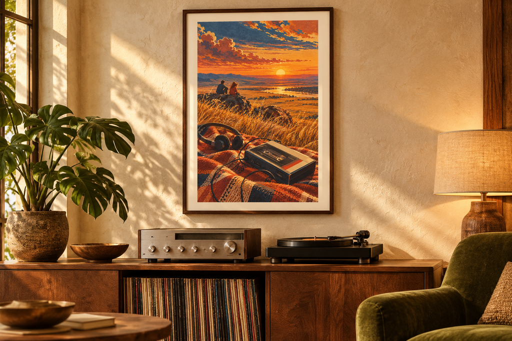 Cassette on the Steppe artwork shown in a styled frame setting. Physical art print; frame and accessories not included.
