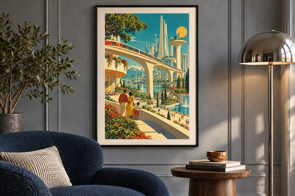 City of Tomorrow artwork shown in a styled frame setting. Physical art print; frame and accessories not included.