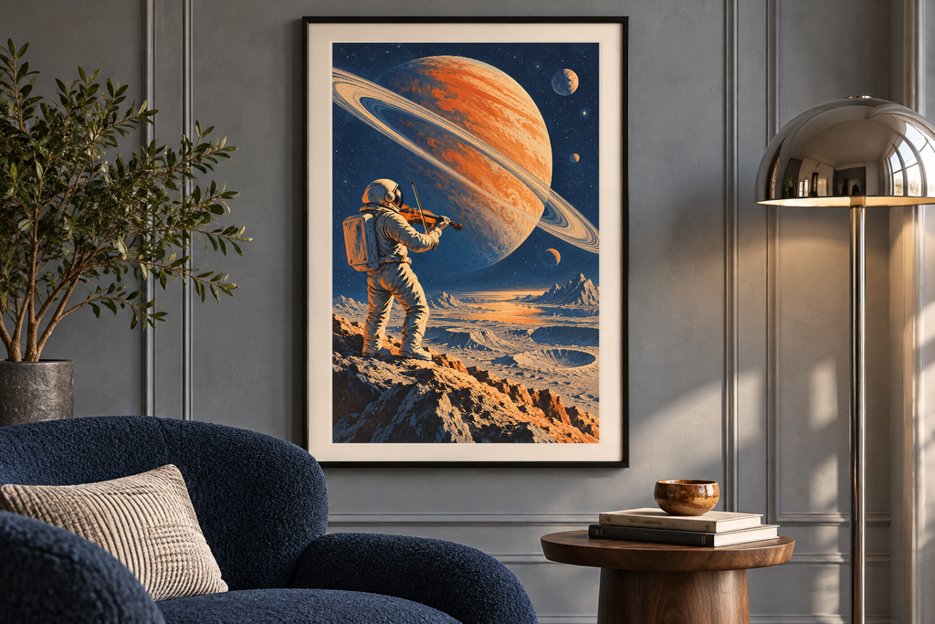 Orbital Orchestra artwork shown in a styled frame setting. Physical art print; frame and accessories not included.