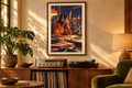 Midnight Broadcast artwork shown in a styled frame setting. Physical art print; frame and accessories not included.