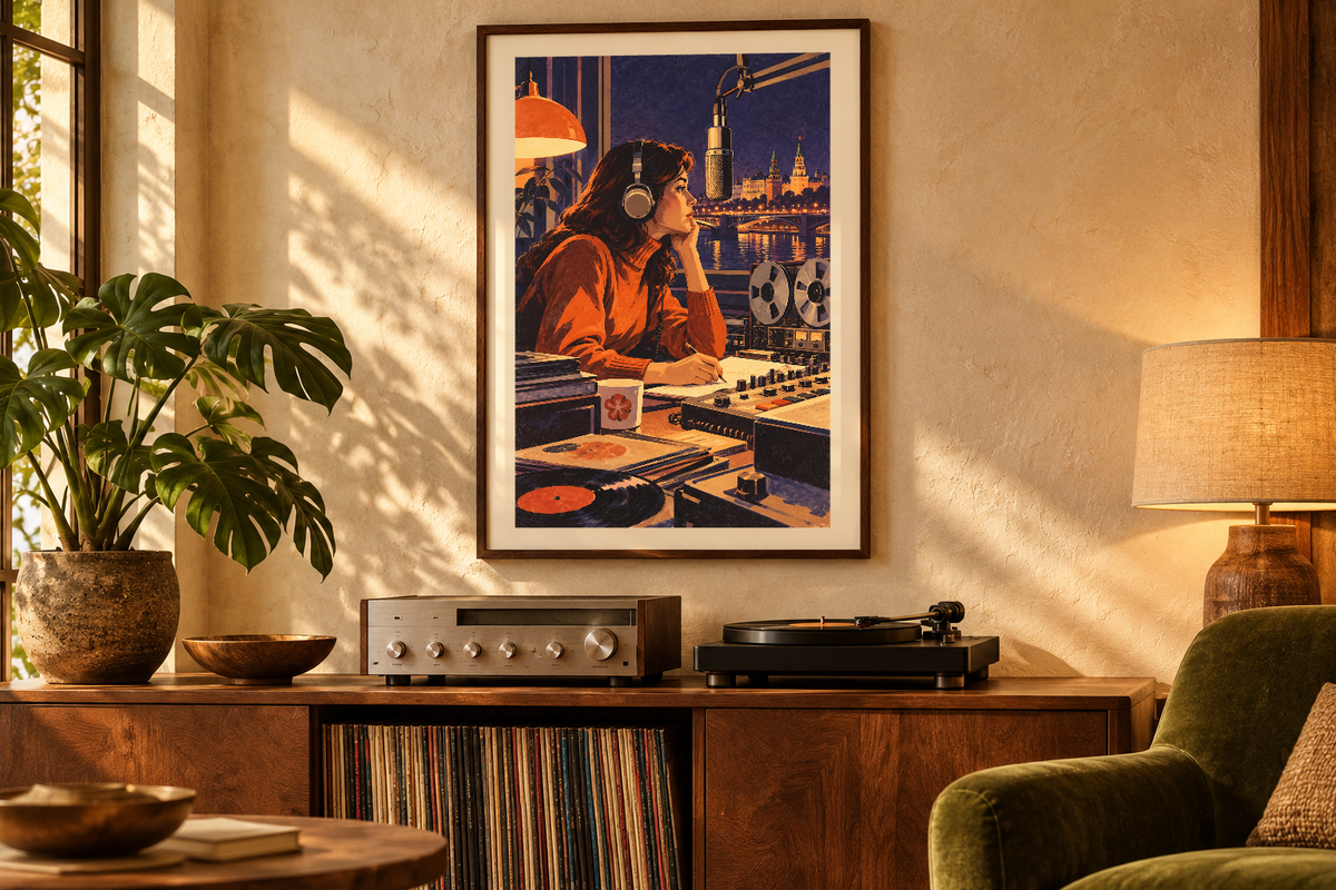 Midnight Broadcast artwork shown in a styled frame setting. Physical art print; frame and accessories not included.