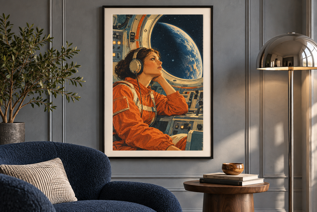 Cosmic Listening artwork shown in a styled frame setting. Physical art print; frame and accessories not included.