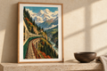 Mountain Express artwork shown in a styled frame setting. Physical art print; frame and accessories not included.