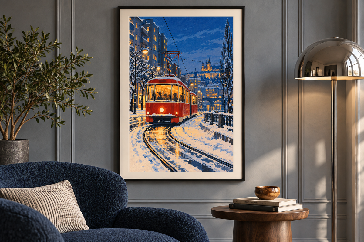 Night Tram artwork shown in a styled frame setting. Physical art print; frame and accessories not included.